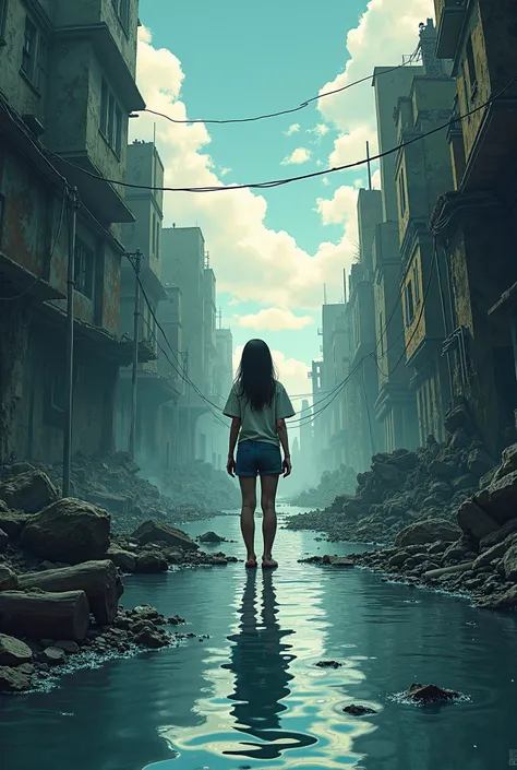  Illustration of a teenager standing in flooded water in a city in good condition,  surrounded by ruins , animated sky and reflection ,  post-apocalyptic scenario ,  Hand drawn style .