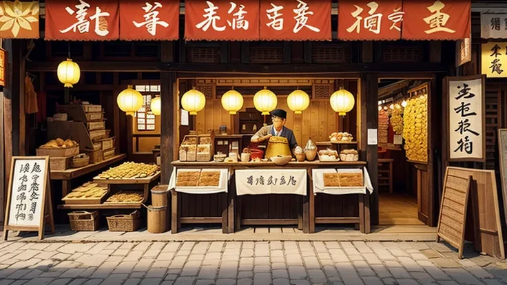 This is a real-life photo of an ancient Chinese stall selling traditional Chinese sesame candy at a 45° angle. The picture style is very realistic and the visual effect is completely real. The overall design of the stall is inspired by the ancient architec...