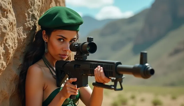 Ultra Wide, a beautiful girl, wearing a green bra, aboriginal style, green beret, hiding behind a rock, holding a sniper rifle in her hand, aiming forward, muzzle down, behind is a tall mountain, real, realistic, extreme fullshot angle