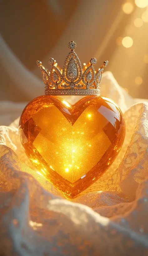 Create a heart made of gold crystal and with a diamond crown、レースの布