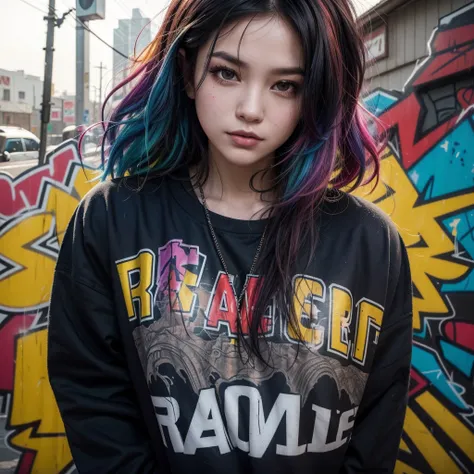  portrait of the upper body ,  the pure essence of a tattooed street style icon,  drenched in rebellious energy ,  wearing an oversized flannel shirt , Vibrant graffiti background , avant-garde fashion, sense,  confident look ,  colored hair ,  Rays of lig...