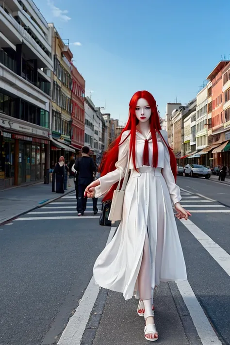 A woman, beautiful, long red hair, white skin, in the street of the city, walking lonely, wearing casual dress 