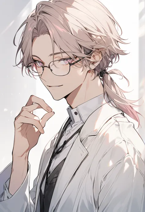 Handsome, solo, 1 male, medium hair, low ponytail, light purple and pale brown pink hair, hazel eyes, white shirt, white coat, wear glasses, no flame glasses 