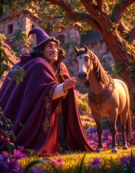 "The horse standing near a fruit tree as the sorcerer glares at it in anger."