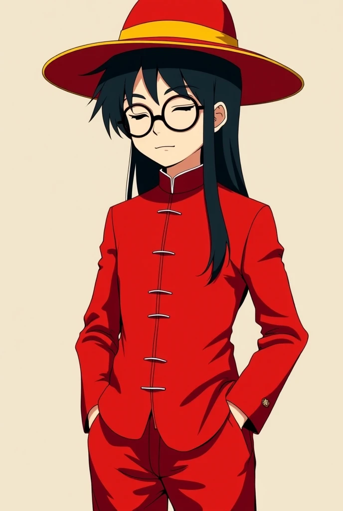  A good-bodied Chinese teenager with his eyes closed ,  long black hair together with a Chinese conlet  ,  a tang suit in red  , In a hat a madarin hat  ,  with loose red pants and with round black glasses  .  style of the Anime Boku No Hero Academia  