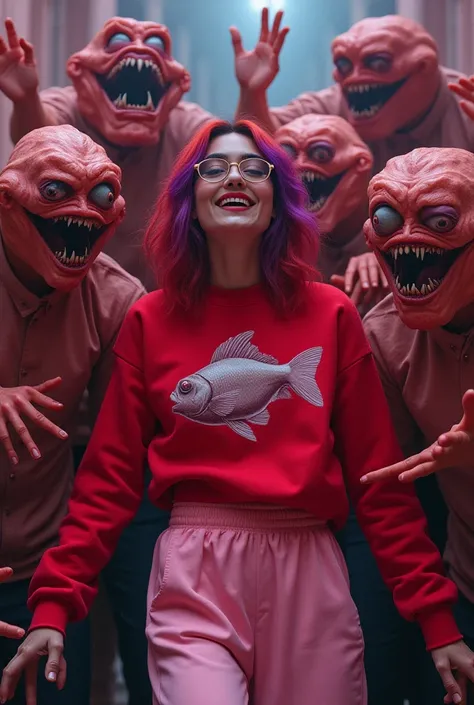 A brunette woman with red hair and purple tips wears a red sweatshirt with a deformed fish design and loose pink pants, accompanied by white sneakers. Her gaze, through glasses, mixes tense joy with terror. She is surrounded by grotesque figures dressed in...