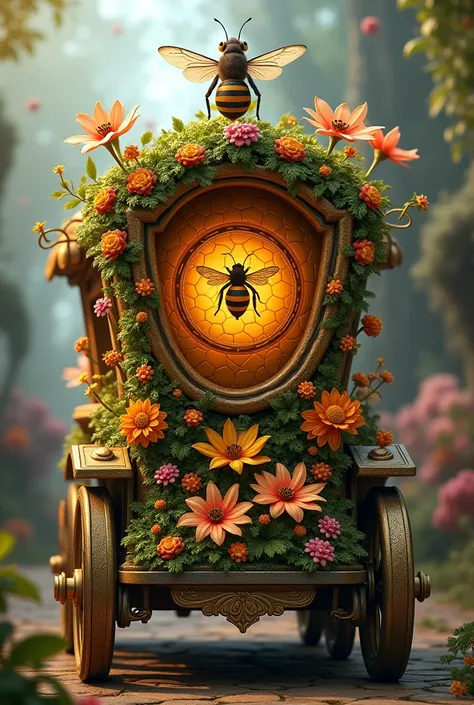 Carnival type carriage ,  with a motif of flowers and bees in the center of the carriage a honeycomb,  behind this one a bee reigns with its wings open  