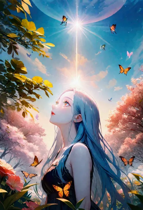 (woman(student, , ＪＫ,  long hair,  colorful eyes,  blue-white skin，)  looking up at the sky), ( lots of butterflies flying in the sky ), Beautiful sky, summer， colorful flowers blooming everywhere々, Mysterious and dreamy ,Big Tree，quality(8k,CG wallpaper, ...