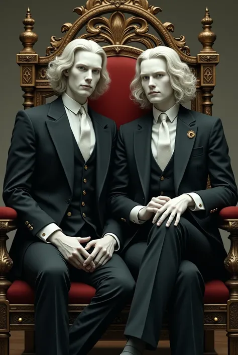 two men in suits, With a white face, one with straight hair and the other with curly hair sitting on a throne