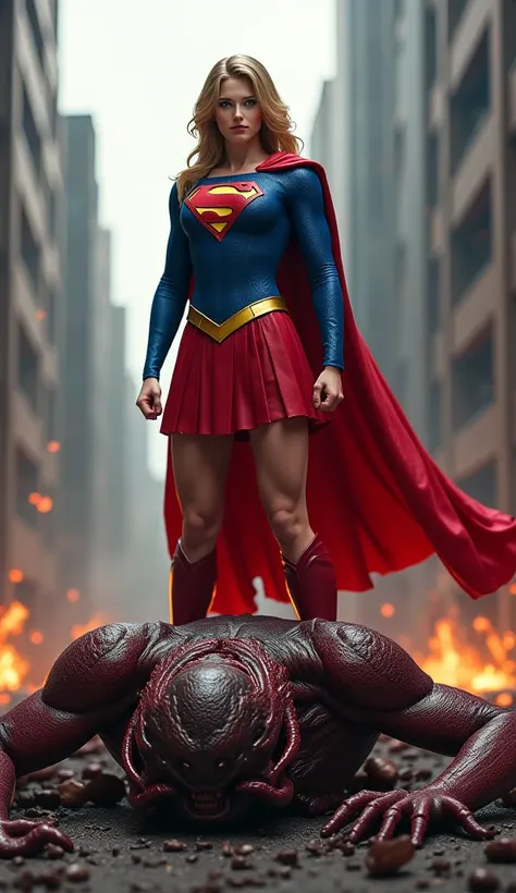 Supergirl watching a demon from hell defeated on the floor, ultra realistic and professional images  