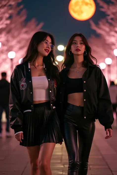 2 beautiful and beautiful Asian women , top 5 embraced Korean models , Are walking in the illuminated square at night in Seoul .  The woman with black hair wears a pleated black leather mini skirt,  a white mini tube top and hip-hop jacket embroidered on t...