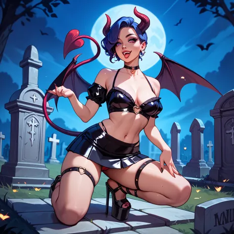 girl in short skirt, neckline, platform heels and demon tail posing sensually at midnight in a cemetery