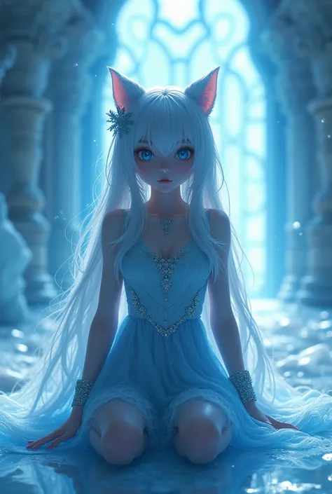 ( A very beautiful girl who is white, 20 year old, (cat ears), Who has long hair with white and blue fringes, that has blue eyes, who wears a short dress in blue with silver, that has silver wristbands, also that has a snowflake ornament in her hair, and w...