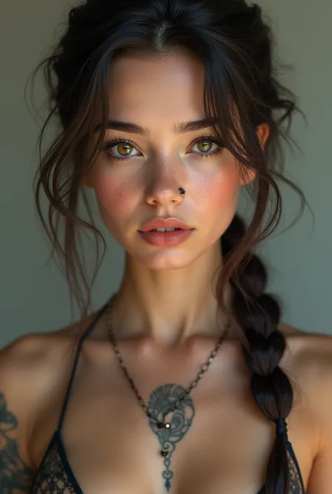 A beautiful young girl with braided hair, wearing a short outfit, a nose piercing, and tattoos including one slightly above her chest, (best quality,4k,8k,highres,masterpiece:1.2),ultra-detailed,(realistic,photorealistic,photo-realistic:1.37),detailed eyes...