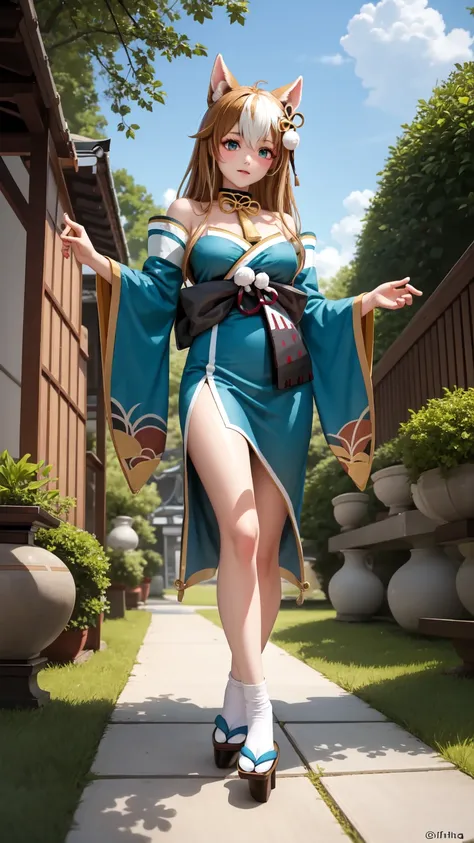   masterpiece,   best quality, De alta calidad,    full body drill ,  outdoor,   looking at the spectator ,  a girl,   dynamic pose  , hina-fi  ,   Bicolor Hair  ,   Japanese clothing  , Green Kimono, cola,   bare shoulders ,