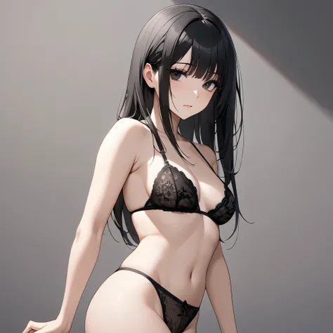 High resolution, high quality, hd, beautiful female, 1 female, mature, beautiful, emotionless, black hair, long black hair, straight hair, bangs hairstyle, black eyed, dark eyes, dark black eyes, medium breasts, underwear, skimpy underwear, sexy