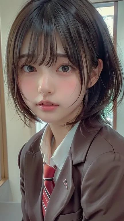 ((masterpiece,  top quality ,  high res)),  1 Japanese Girl , ( realistic : 1.4),  excited、 Amazing Face , glossy lips 、 short hair, Brown Hair、( beautiful hair:1.5),  high school girl、(checked blazer)、( red tie)、 plaid miniskirt to make up for embarrassme...