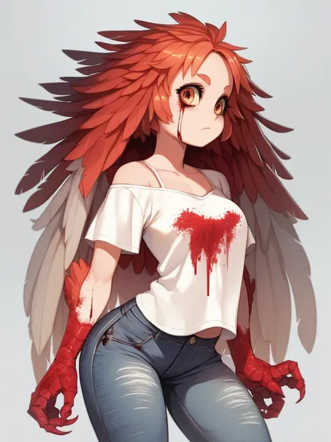 Beautiful Harpy woman with wide hip line , coquettish , Jeans under the frill skirt , T-shirt under the camisole , Wide pelvis , (Fluttering feathers) , bloody mouths , (creepy:0.7)