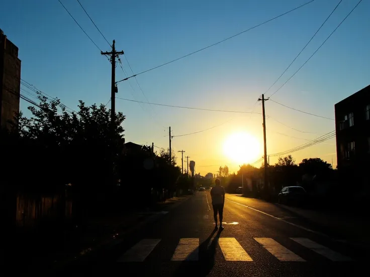 A silhouette man walking across the street in the sunset with a blue sky