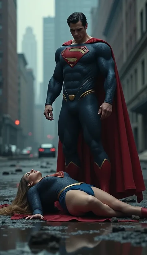 Superman watching Supergirl on the floor with her clothes torn, ultra realistic and professional images 