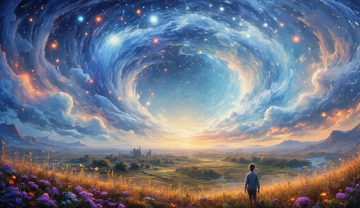 photograph of extensive landscapes,blue open sky,baiyun( Looking from the bottom up,Above is the sky,Below are the open fields .),There are many beautiful flowers( Full Moon:1.2), break the art,(Warm light source:1.2),,many purples and oranges, Tricky det...