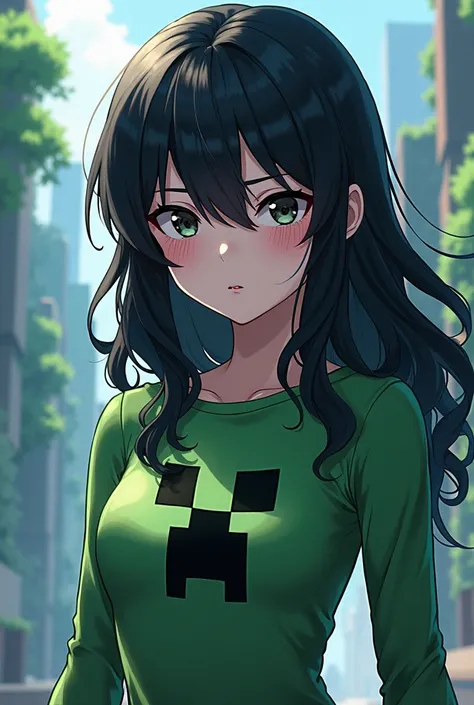 Make a white skinned girl,  long wavy black hair , Minecraft Creeper shirt with slanted eyes Anime