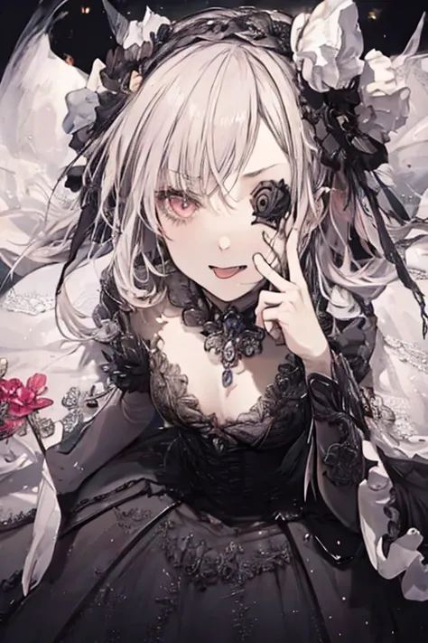 woman(( cute, eye patch(very  cute,  gothic fashion, cute mark):1.3),,skin(white,青whiteい,smooth,Silky,Sparkling),eye( beautiful,Lots of star-shaped highlights),Putting on makeup( pink),(anger),( black mask ),hair( pink, twin tails,floating,Rolled up,  Deta...