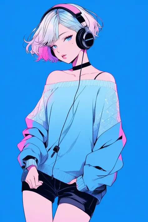 Illustrator, anime , Realistic ,sketch , 1 person, ,lip, Off-the-shoulder sweater, (((whole body))), order, Blue gradient background, Neon Short Hair,wireless headphones, Texture Trim, Canadian, (masterpiece,Highest quality) cancer,dance hall,dance club