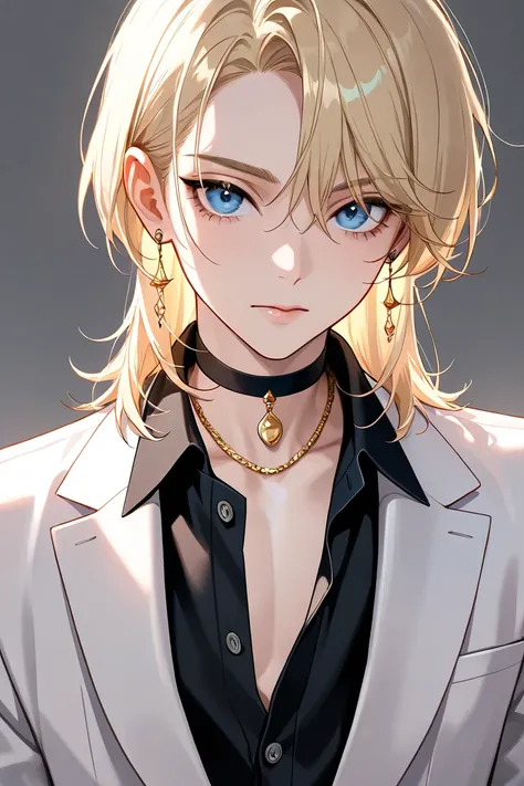 solo,medium hair, looking at viewer,bishounen,skinny,lips,eyelashes,portrait, blue eyes, blonde hair, long sleeves, 1boy,swept bangs, closed mouth, jewelry, upper body, male focus, earrings, collared shirt, grey background, black shirt, black choker, white...