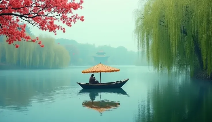 Spring has emerged like bamboo shoots after a rain，The scene is grand，Jiangnan scenery，Red flowers and green willows，turquoise lake（turquoise lake × 2.0)，calm lake，west lake landscape，A small boat with a colorful canopy（There is only one），An ancient Chines...