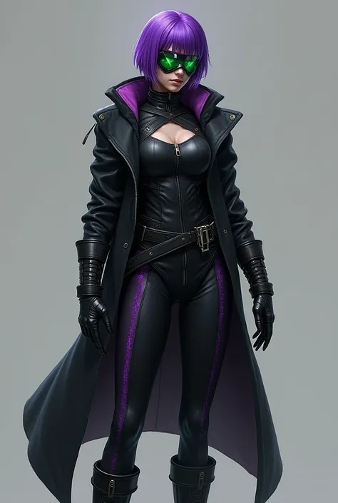  Women with short purple hair ,  wear an outfit has dark colors predominate  ( black and purple ),  accented by luminous green reflections ,  that suggest a mastery of supernatural abilities .  The design denotes agility and combat ,  balancing functionali...