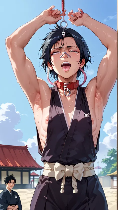 a picture, inspired by Kentaro Miura, trending on pixiv, soifon from bleach, black uniform, favorite scene, fine details, skins, sweating, small breasts, both hands raised, armpits, (small head),armpits visible, dripping with sweat, more more sweat, ((Japa...