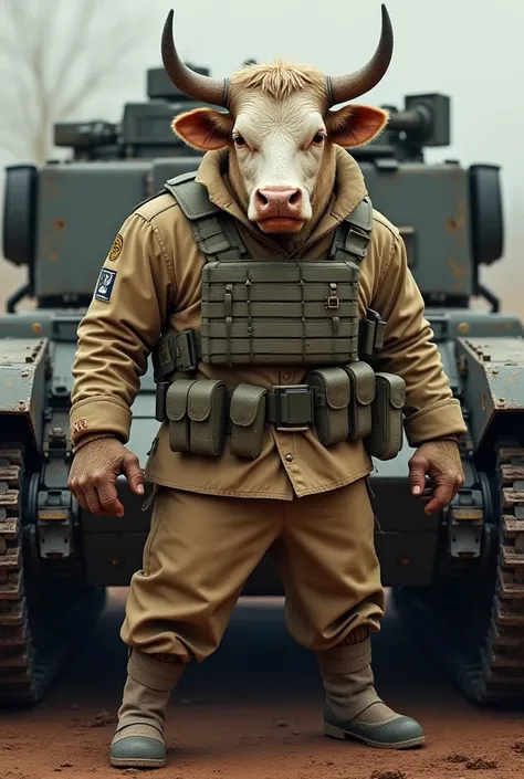 Military cow in a tank with beige uniform