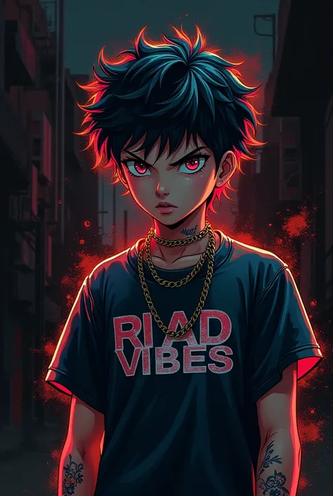 Make an anime pulp of a teenage rapper with a black screen in the background and Riad Vibes written on his shirt 