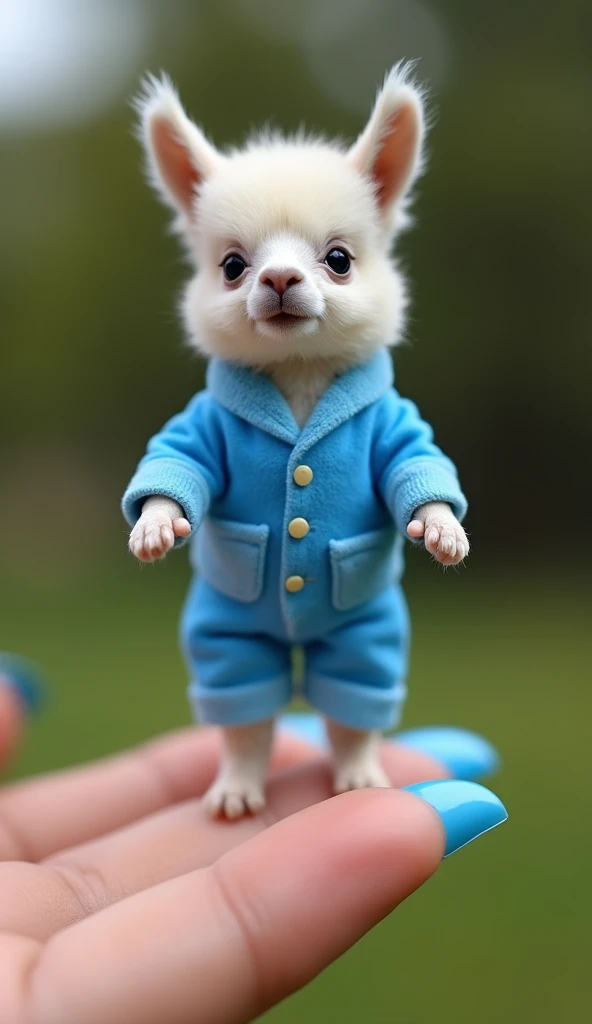 A close-up view of a A tiny baby llama (wearing blue suit and gloves) standing on a woman hand with blue nails, about the size of a woman fingernail. The baby llama is extremely small, and is standing upright with a joyful, playful expression on its face. ...