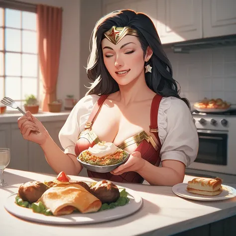 Wonder Woman housewife in the kitchen preparing a meal for dinner.  anime style .