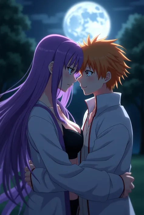 Honkai Star Rails Acheron hugging Bleachs boy Ichigo Kurosaki.  They are in a dark park under the moonlight .  Acheron with her long purple hair and purple eyes ,  their hair covers their left eye and clothing consists of a white jacket with a purple inter...