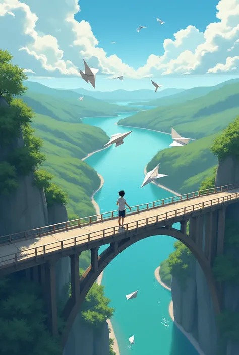 ren throwing paper airplanes off a very high bridge over a winding river.