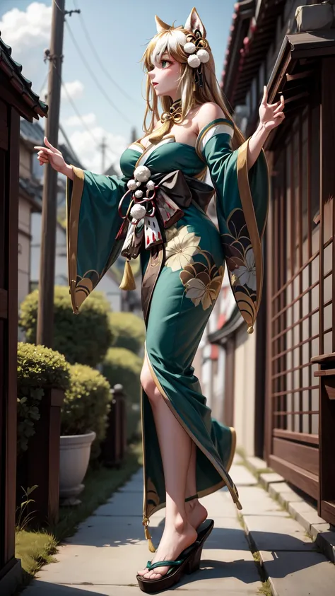  masterpiece,  best quality, De alta calidad,  full body ,  outdoor,  looking at the spectator , 1 girl,  dynamic pose , hina-fi ,  Bicolor Hair ,  Japanese clothing , Green Kimono, cola,  bare shoulders,