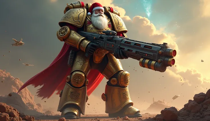 Santa Claus in heavy space marine armor, intricate details, gold and crimson, fighting in the battle for Christmas, warhammer 4k. Masterpiece, light sculpting photography. Huge shooting gun.