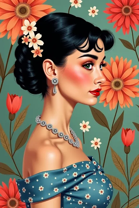 A vintage-inspired portrait of an elegant Audrey Hepburn with a classic beauty, featuring a graceful profile view. She has dark, styled hair adorned with flowers and a delicate necklace. The background is filled with colorful, intricate floral patterns, in...