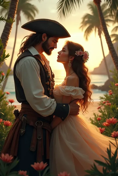 crea una imagen de un pirata y una princesa jocenes con su amor que es imposible