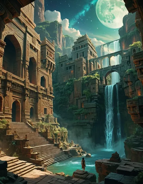 John Stephens style, huge Auroras Archway over sky, a waterfall Fantasy, ancient aztec architecture, endless stair seems to reach to the moon, a Persian woman warrior walk on, see galaxy in background, A leonardo da vinci climbing stair, sci-fi, fantasy, b...