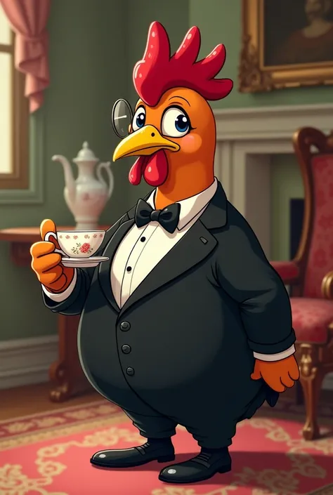 A FULLY BROWN BRITISH CHICKEN WEARING A MONOCLE WITH BLACK TUXEDO AND HOLDING A BRITH TEA BUT IN ANIME STYLE 