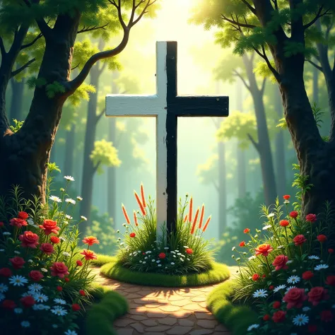 Create heavenly wood white and black cross in a green colorful artwork. with text "Echoes of Faith"