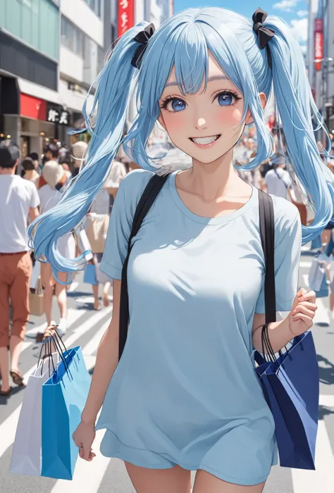  walking around the city carrying lots of shopping bags Long light blue hair 　 cute girl with twin tails   　smile　 close-up　 Walking through Ginza in fine weather   　