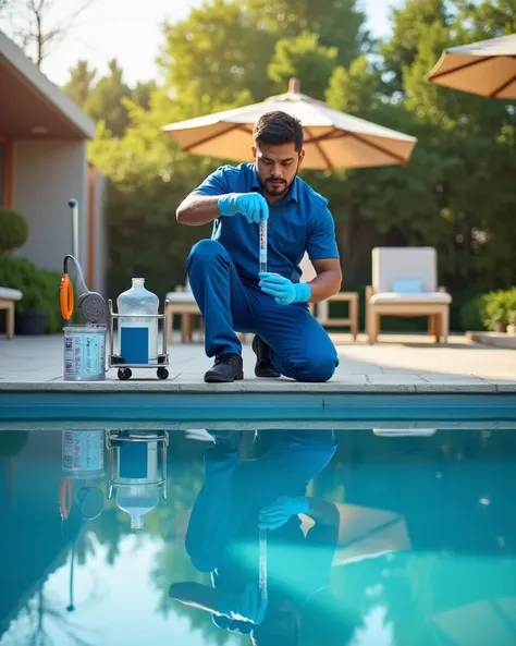  Realistic film frame of a Latino worker measuring pH next to a pool surrounded by a modern garden.
The worker ,  dressed in a blue uniform and nitrile gloves ,  is kneeling at the edge of the pool holding a pH analysis kit .  Your hands pour drops of reag...