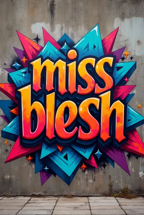 Graffiti with bold letters and shapes on an urban wall background and abstract designs with stylized letters and geometric elements intertwined with the word MISS BLESS in graffiti.