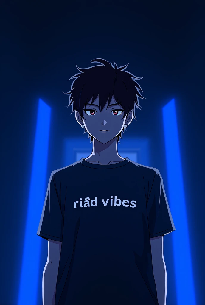 I want an anime picture of a teenage person with the character of a rapper, and in the background there is a black screen, with a blue light next to him, and on his shirt it says Riad vibes. 