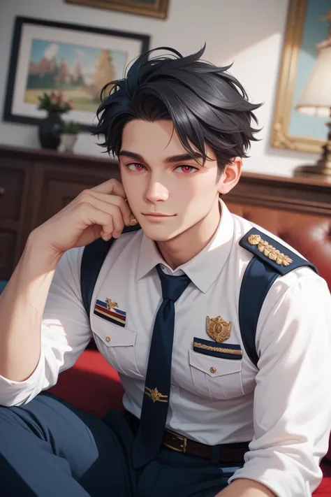 1 boy, handsome face, sitting, cool style, uniform school, seriusly face, black hair, red eye, 4k high quality picture,  masterpiece, best quality,